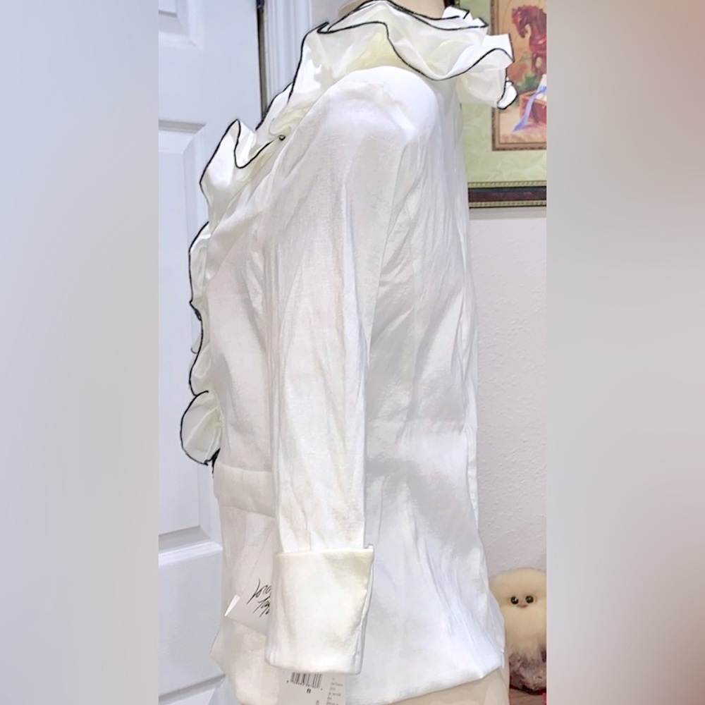 Xscape 3/4 Cuffed Sleeve Ruffled & Embellished Formal White Taffeta w Black Trim - Picture 5 of 11
